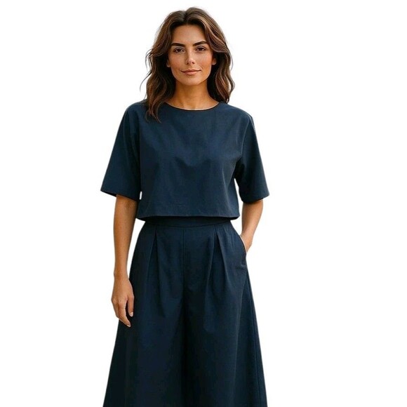 Zanzea Top And Pants Set Size Womans Large Navy Blue Ultra Wide Leg Stretch NWT - Picture 1 of 12